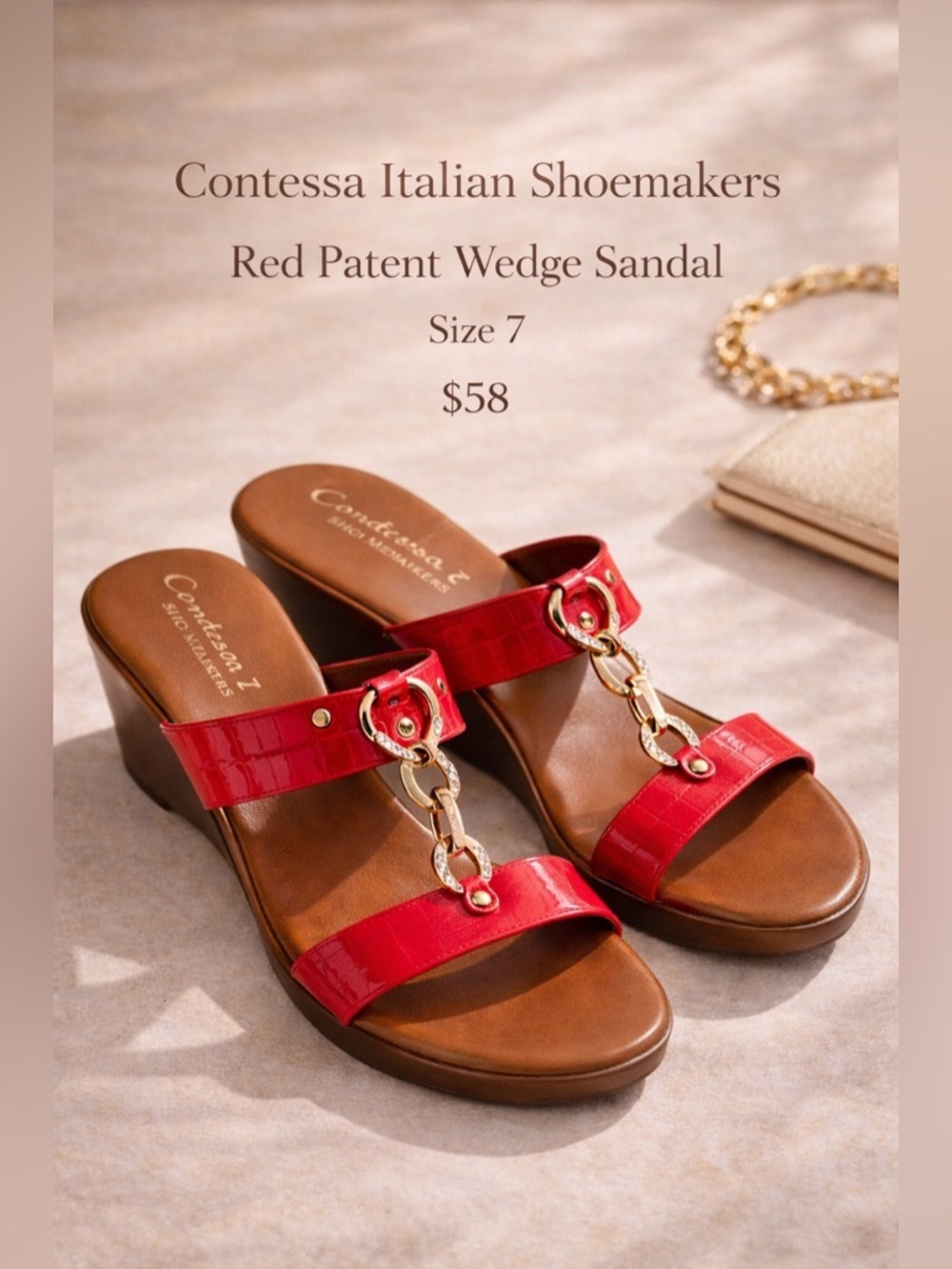 Contessa Italian Shoemakers Red Patent Leather Wedge Sandals Size 7